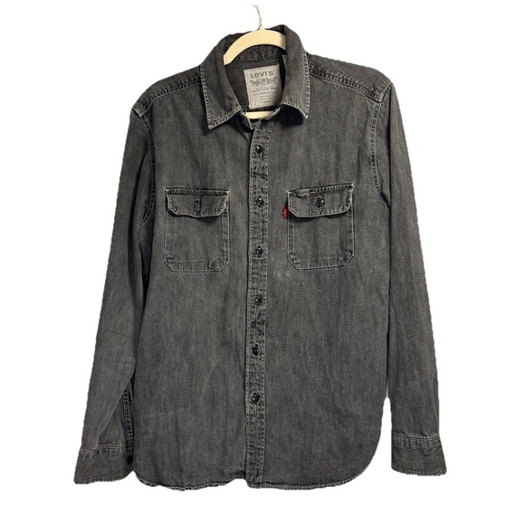 Levi's Denim Button Up Shirt Men's Medium Gray Cotton Western Flap Pockets - Picture 1 of 3